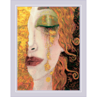 Cross-stitched portrait of a woman with flowing auburn hair, green eyeshadow, and golden tears against a richly textured gold background.