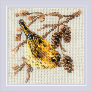 Cross-stitched yellow and brown siskin bird perched on a branch with pinecones against a neutral fabric background.